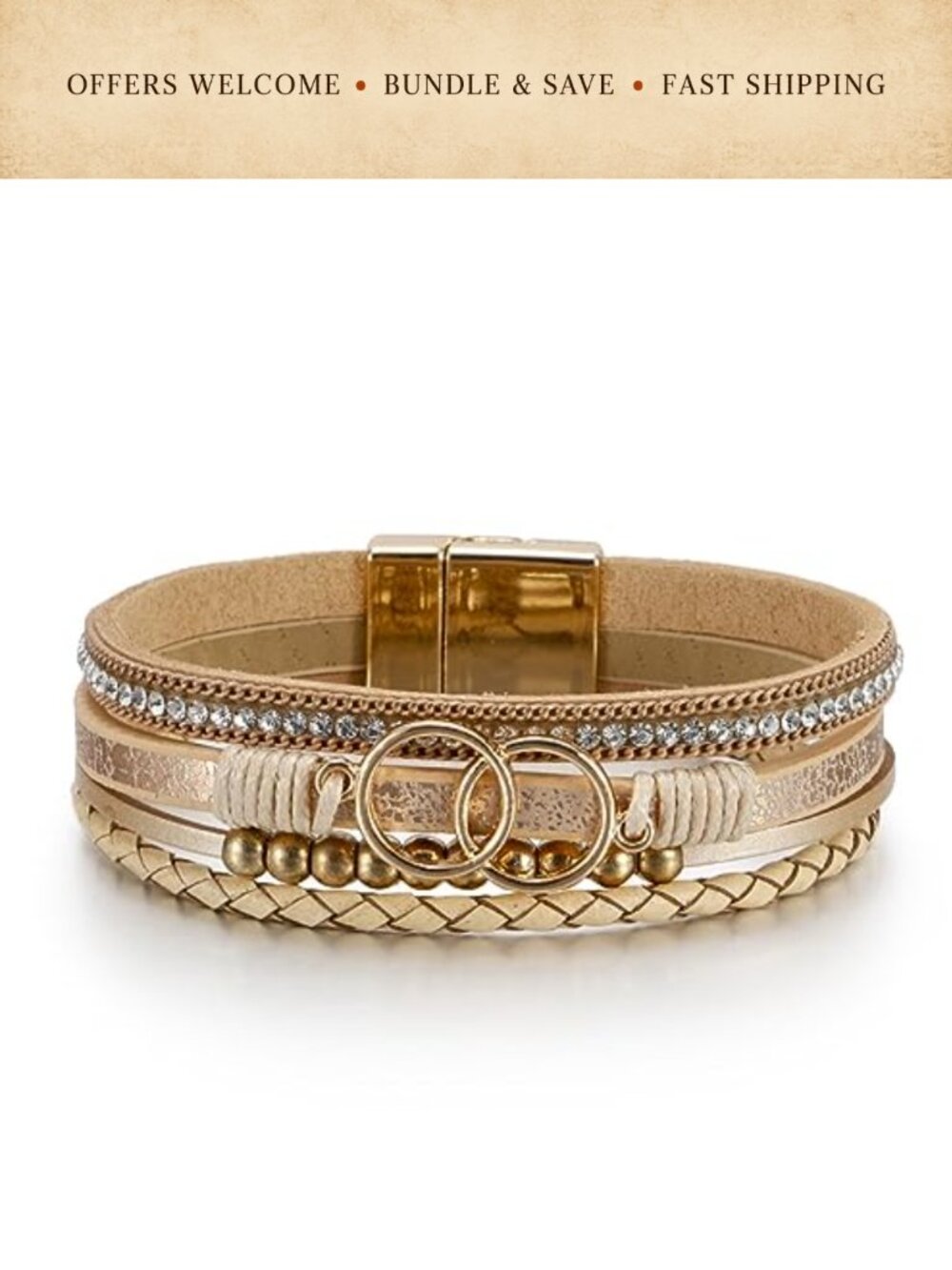 Multi-Layer Leather Wrap Bracelet Gold Tone Braided Wristband